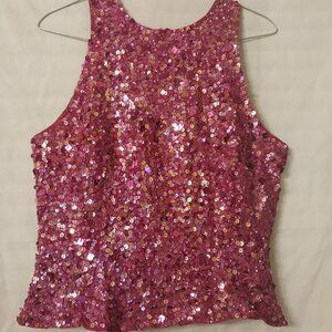 Pink Sequin Sleeveless Top with Back Zipper